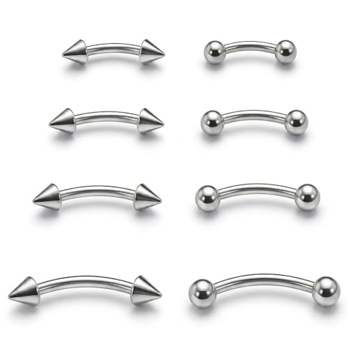 Eyebrow Piercing Jewelry Surgical Steel Curved Barbell Tiny Eyebrow Ring Vertical Labret Lip Jewelry Ear Rook Navel Small Belly Button Ring for Women Men 6mm/8mm/10mm/12mm - size: 14Gauge-Silver-4Pairs