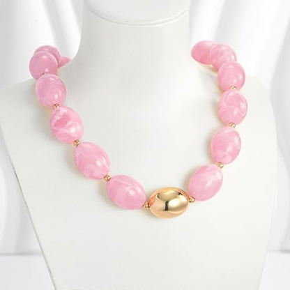 Chunky Beads Necklace for Women Trendy Gold Puffy Heart Choker Necklace Colorful Resin Beaded Heart Pendant Necklaces Statement Jewelry - color: Oval Beads-Pink