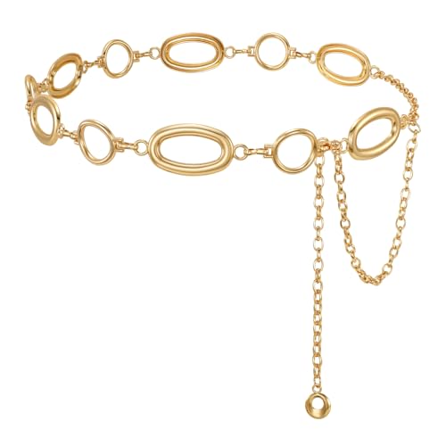 WHIPPY Metal Waist Chain Belt Women Adjustable Body Link Belts Ladies Fashion Chain for Jeans Dress - color: Gold, size: M: Fit for Waist up to 36", style: Orbit