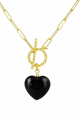 Gempires Gemstone Heart Pendant Necklace for Women, Gold Toggle Birthstone | Handmade gemstone heart pendant necklace — choose from 11 stones and birthstones, gold toggle paperclip chain. - color: Black Obsidian