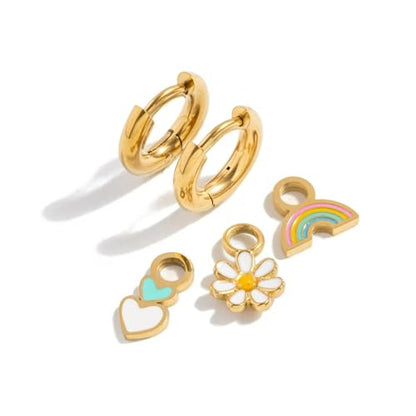 Pip Pop Gold Endless Hoops - Hypoallergenic, Waterproof, 18K Gold PVD - color: Endless Hoop Earrings + Enamel Charms Set