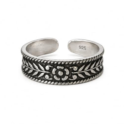 Sterling Silver Toe Ring, Adjustable Open Band, Handmade | Fits Toe, Knuckle or Pinky Ring | One Size Fits Most | Comfortable to Wear | Minimalist Style | Water Resistant - style: Floral Oxidized Band