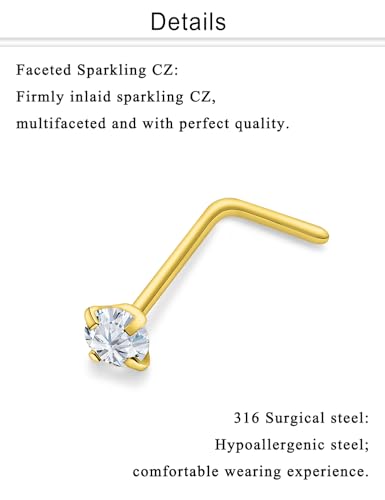 Nose Studs Surgical Steel Nose Rings Studs with Cubic Zirconia 10Pcs Tiny Nostril Rings for Women Screw Bone and L-Shaped Nostril Piercing Jewelry 24G 22G 20G 18G - color: goldtone,L shaped nose studs, size: 24g,2.0mm Clear CZ