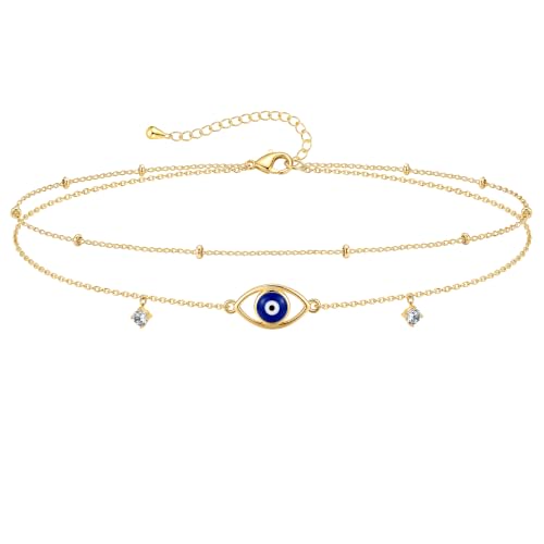 Gold/Sterling Silver Anklet Bracelets for Women Waterproof, Non Tarnish 925 Sterling Sliver Plated Heart Evileye Butterfly Charm, Dainty Summer Beach Anklets for Women, Beach Vacation Bikini Outfits for Her Mom - style: Evil eye-Gold