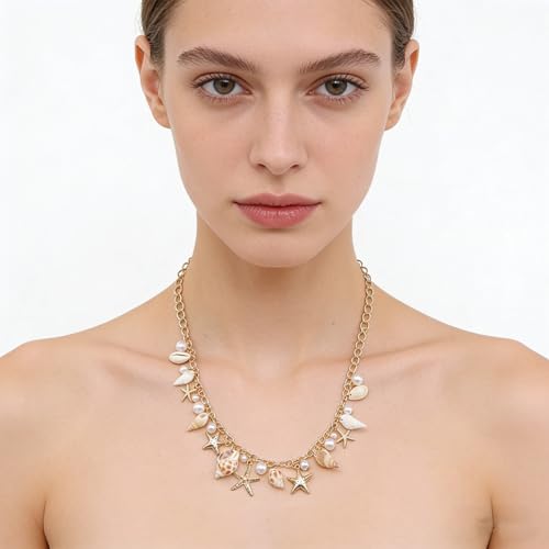 Shell Starfish Necklace Bracelet for Women Conch Statement Chunky Necklace Mermaid Costume Beach Jewelry - color: necklace