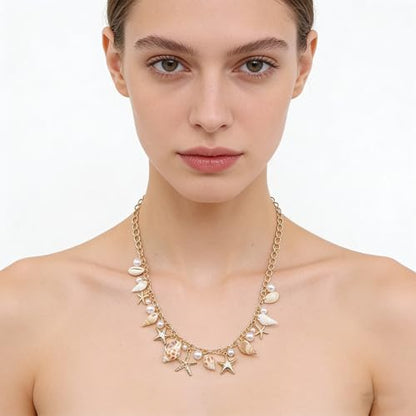 Shell Starfish Necklace Bracelet for Women Conch Statement Chunky Necklace Mermaid Costume Beach Jewelry - color: necklace