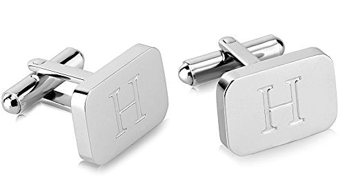 18K White-Gold Plated Initial Engraved Stainless Steel Men’s Cufflinks With Gift Box -Personalized Alphabet Letter’s A-Z By Lux & Pair - style: H- White Gold