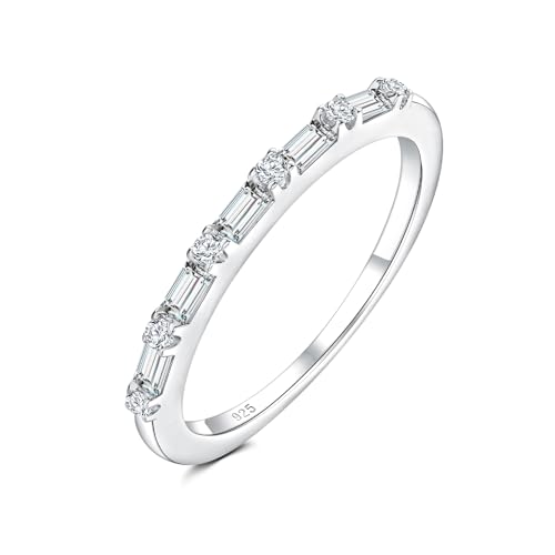 1.5mm Thin Eternity Rings for Women Sterling Silver Stackable Rings | Dainty Stacking Birthstone Ring, Sapphire/Emerald/Ruby/Cz Baguette Wedding Bands, for Anniversary Jewelry Size 6-10(with Box) - color: 04-CZ
