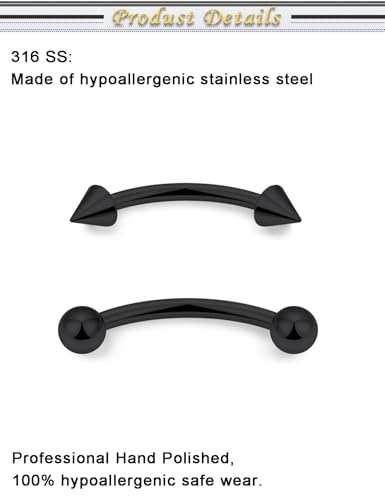 Eyebrow Piercing Jewelry Surgical Steel Vertical Labret Lip Jewelry Curved Barbell Tiny Eyebrow Ring Ear Rook Navel Small Belly Button Ring for Women Men 16g Bar Length 6mm/8mm/10mm/12mm - color: black,ball+spike