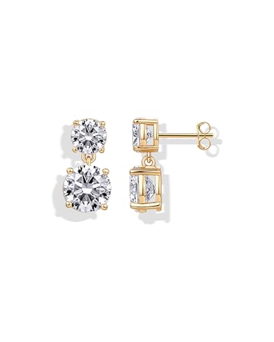 PAVOI 14K Gold Plated Cubic Zirconia Dangle Earrings for Women - Crystal Long Linear Bridal Drop Earrings - Cluster CZ Pearl Simulated Diamond Drop Dangle Wedding Jewelry for Brides & Bridesmaid - style: Round