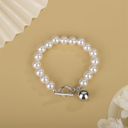 Aimimier Classic Faux Pearl Bracelet with Toggle Clasp Round Bead Bridal Cuff Wrap Bangle Prom Party Festival Statement Jewelry for Women