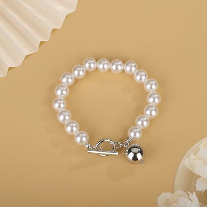 Aimimier Classic Faux Pearl Bracelet with Toggle Clasp Round Bead Bridal Cuff Wrap Bangle Prom Party Festival Statement Jewelry for Women