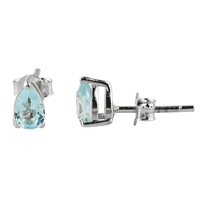 Real Blue Topaz Crystal Studs Earring Pair with Push Backs, Natural Gemstone, Birthstone, Brilliant Cut Pear Crystal, Healing Stone, Gift for Women, 925 Sterling Silver