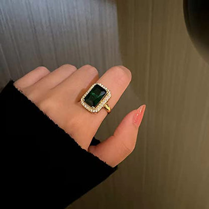 Green Gemstone Statement Ring Women's Classical Engagement Crystal Wedding Party Open Rings Cubic Zirconia Adjustable Finger Gold-Tone Plated for Women Mom Valentine's Day Anniversary Jewelry Gift