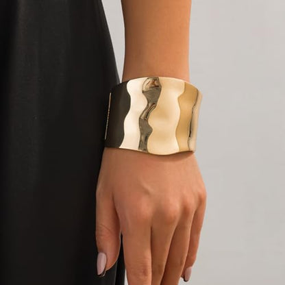 Gold Bangle Bracelet for Women | 14K Gold Plated Chunky Bracelet | Hinged Open Trendy Wide Bracelet for Women - color: gold1