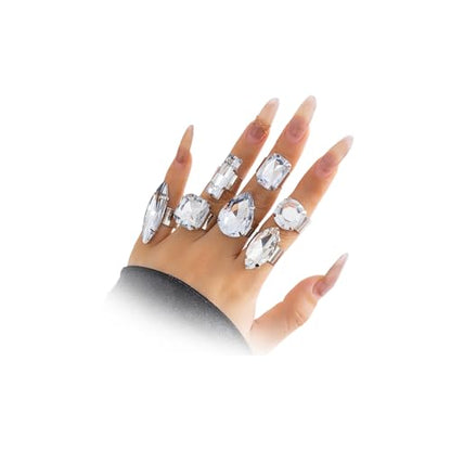 Chunky 7Pcs Silver Crystal Knuckle Rings Set Geometric Rhinestone Waterdrop Open Rings Stackable CZ Circle Square Finger Rings Jewelry Set for Women - color: 7Pcs Crystal