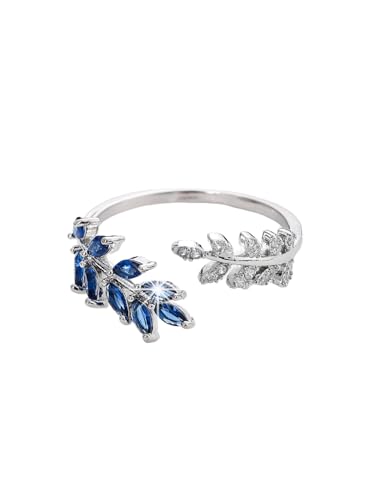 Adjustable Open Leaf & Vine Ring with Gemstone & Diamond | Cuff Deco Ring for Women Men | Adjustable Cuff Vine Leaf Deco Rings - color: Silver Blue