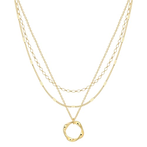 Kyerlyn Layered Necklaces for Women, 14K Gold Plated Necklace Sterling Silver Necklace Stack Circle Pendant Necklace Trendy Long Chain Stackable Silver Necklace Set Dainty Gold Stacked Jewelry Gifts