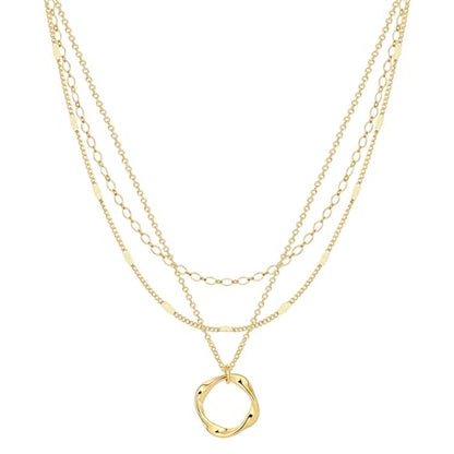 Kyerlyn Layered Necklaces for Women, 14K Gold Plated Necklace Sterling Silver Necklace Stack Circle Pendant Necklace Trendy Long Chain Stackable Silver Necklace Set Dainty Gold Stacked Jewelry Gifts