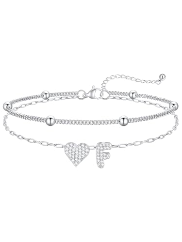 FaithHeart Initial Ankle Bracelets for Women Waterproof, Silver/Black/14k Gold Plated CZ Heart Initial Anklets Non Tarnish Stainless Steel Anklets for Women - color: Silver, size: F