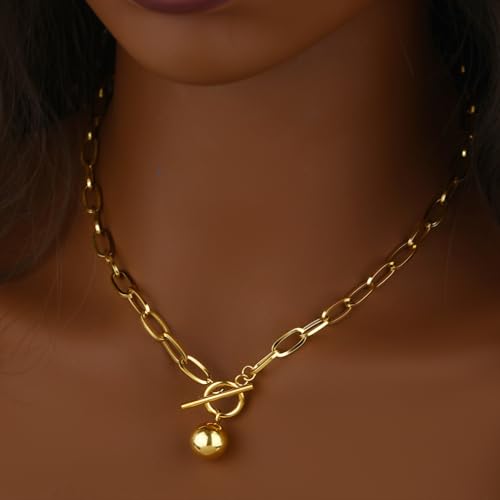 Chunky Gold Necklace for Women, 18K Waterproof Heart Necklace Statement Necklace Gold Charm Necklace Chunky Jewelry Paperclip Chain Choker Gift for Women - style: Golden Ball