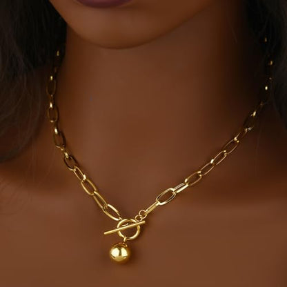 Chunky Gold Necklace for Women, 18K Waterproof Heart Necklace Statement Necklace Gold Charm Necklace Chunky Jewelry Paperclip Chain Choker Gift for Women - style: Golden Ball