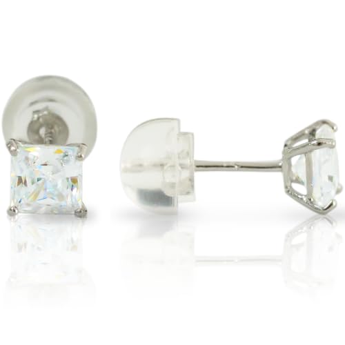 14k Solid Yellow OR White Gold Solitaire Round OR Square Cubic Zirconia Earrings Studs For Women - Small Fine CZ Solitaire Earrings, Dainty Studs, Lightweight Jewelry, Push Back, Screw Back - Available in 3 Sizes - color: Square White Gold, size: 5mm