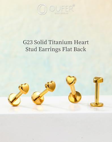 OUFER G23 Titanium Threadless Labret Studs – Flat Back Push Pin Earrings for Tragus, Helix, Monroe, Conch, Lip Piercing – 16G/18G, 6MM/8MM - color: Gold-Heart, size: 16g 6mm