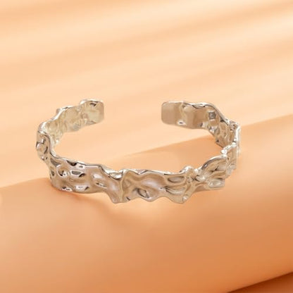 GIGB PBDK Chunky Cuff Bracelets for Women 14K Gold Minimalistic Hammered Cuff Bangle 12MM Wide Adjustable Textured Open Bangle Trendy Punk Jewelry Presents - color: Silver