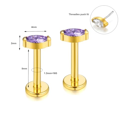 BelezaDosas G23 Titanium Labret Studs 16G Threadless Push-in Press Fit Lip Cluster Tragus Helix Lobe Conch Rook Medusa Cartilage Monroe Earring Push Back Piercing Jewelry - color: 16g8mm eye gd pl