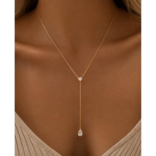 Lariat Necklace for Women CZ Y Shaped Necklaces Summer Birthday Jewelry Gifts - color: Gold Round Teardrop Drop