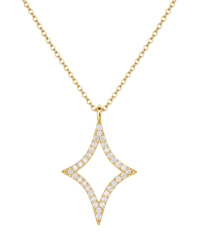 Gold Necklace for Women, 14K Gold Plated Cubic Zirconia Pendant Necklace, Dainty Heart Moon Circle Paperclip Jewelry for Layering, Everyday Birthday Gift - color: Gold Hollow Star