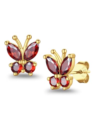 Suplight Butterfly Stud Earrings 925 Sterling Silver 14K Gold Brithstone Earrings for Women Brithstone Jewelry Gifts - color: 01.January ( Garnet), size: Gold