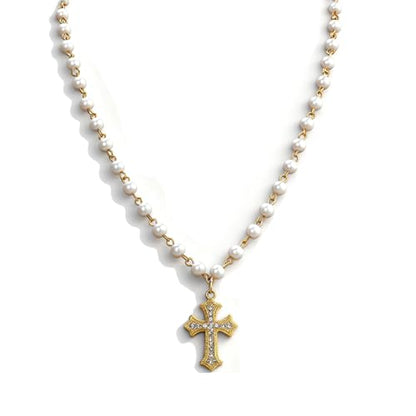 Pearl Necklace 14K Gold Plated Cross Pendant Inlaid with Diamonds Charm Jewelry Gift - style: 14K Gold Pearl+Cross