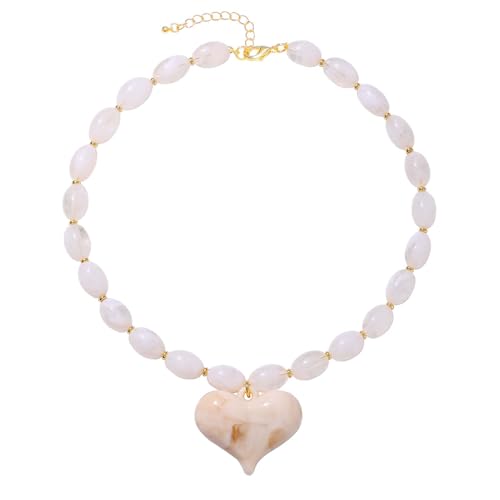 Chunky Beaded Necklaces for Women Trendy Colorful Acrylic Bead Statement Necklace Puffy Heart Pendent Necklaces for Women Boho Fashion Jewelry - color: G-beige