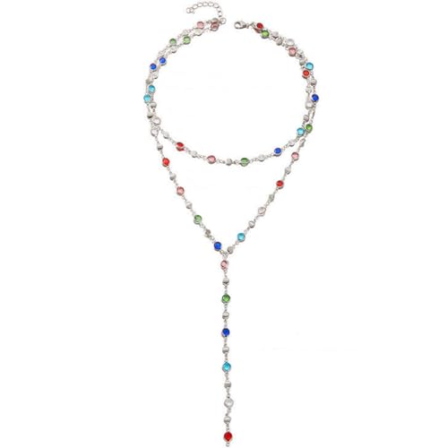Colorful Rhinestone Long Necklaces for Women,Boho Small Crystal Drop Necklace,Boho Rhinestone Layered Necklaces - color: Silver