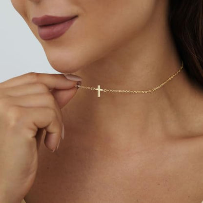 VIROMY Gold Cross Necklace for Women 14K Gold Plated Cute Sidways Cross Pendant Choker Necklaces Simple Trendy Everyday Jewelry for Women - style: Nifty Cross-GD
