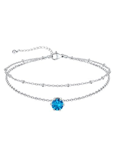 U7 Silver Ankle Bracelet for Women, Waterproof Layered Ankle Round Gem Birthstone Anklets, Summer Beach Foot Jewelry, Adjustable 8.5"-10.5" - color: 12.December-Blue Topaz
