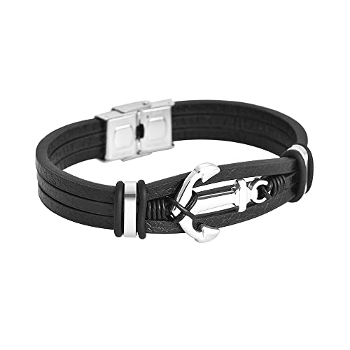 Men's Multi-Strand Genuine Leather Bracelet with Stainless Steel Anchor Pendant - color: Silver