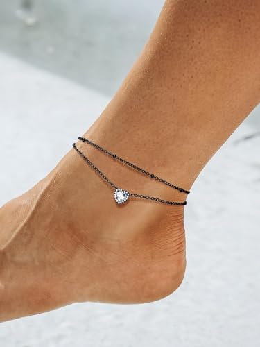 Richsteel Double Layer Heart/Butterfly Birthstone Anklet for Women | Non Tarnish Waterproof, Silver/Gold/Black Stainless Steel 8.5-10.5 Inch Adjustable Chain Anklets Summer Beach Foot Jewelry - color: Black Heart-04 Apr.(Diamond)