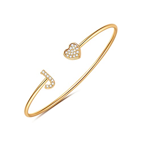 Gold Bracelets for Women Teen Girls, 14K Gold Plated Initial Heart Bangle | Adjustable Open Cuff Bracelet, Dainty Letter Jewelry, Daughter Sister Bridesmaid Friend, Birthday Christmas Graduation Gift - color: J