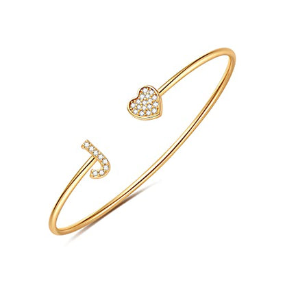 Gold Bracelets for Women Teen Girls, 14K Gold Plated Initial Heart Bangle | Adjustable Open Cuff Bracelet, Dainty Letter Jewelry, Daughter Sister Bridesmaid Friend, Birthday Christmas Graduation Gift - color: J