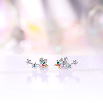 Qings 925 Sterling Silver Stars Earrings, colorful Cubic Zirconia Climber Earrings Hypoallergenic Stud Earrings for Women, Gift boxed