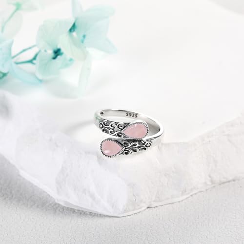 Ring for Women Sterling Silver Adjustable Band Open Rings Jewelry Gifts for Girls - style: Rose Quartz