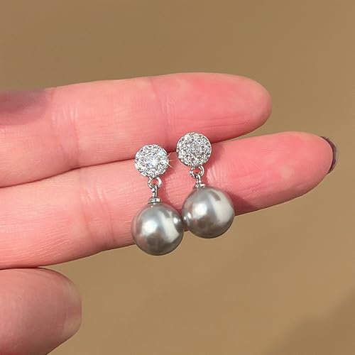 Double Pearl Drop Earrings for Women 925 Sterling Silver | 18k Gold Plated Big Large Pearl Dangle Earrings Pearl Dangling Stud Earring Bridal Wedding Jewelry Birthday Gifts for Mom - color: I-Grey