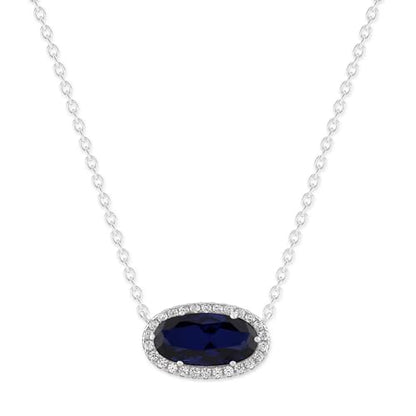 Belacqua Gemstone Necklace in Sterling Silver,Halo Pendant with Accent, Oval Cut 6 * 12mm, 15" Cable Chain with 2" Extender, Spring Ring Clasp, Dainty Birthstone Necklace for Women, Gift Box Included - color: 09-September-Bermuda Sapphire Blue