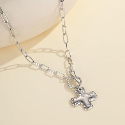 Joxevyia Gold Cross Necklace for Women Hammered Cross Pendant Toggle Clasp Paperclip Chain Statement Choker Bold Faith Jewelry Gift - color: silver cross necklace, size: 16 inches