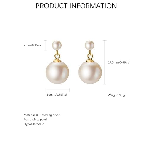 Double Pearl Drop Earrings for Women 925 Sterling Silver | 18k Gold Plated Big Large Pearl Dangle Earrings Pearl Dangling Stud Earring Bridal Wedding Jewelry Birthday Gifts for Mom - color: F-Gold