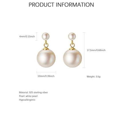 Double Pearl Drop Earrings for Women 925 Sterling Silver | 18k Gold Plated Big Large Pearl Dangle Earrings Pearl Dangling Stud Earring Bridal Wedding Jewelry Birthday Gifts for Mom - color: F-Gold