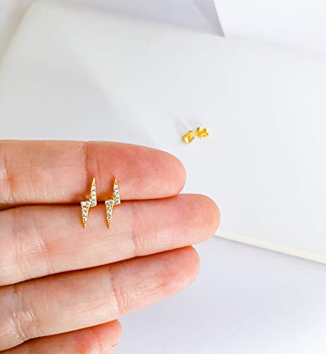Altitude Boutique Cubic Zirconia Lightning Bolt Earrings | CZ Gold Stud Earrings for Women | Hypoallergenic Geometric Punk Earrings - color: Gold
